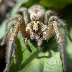 Close up of a jumping spider on a leaf in the garden