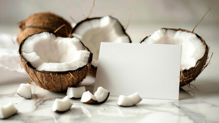 Coconut halves with blank card on a marble table. - obrazy, fototapety, plakaty