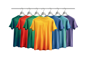 colorful assortment of t-shirts on metal hangers, presented in a rainbow arrangement on white.