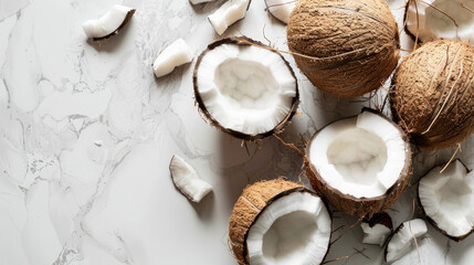Coconuts on a marbled surface, captured from above.