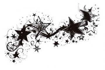 Whimsical doodle-style stars in black ink,  flair to on a white background.