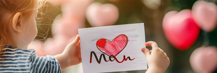 little girl giving a card with a drawn letters Mom and a heart, she is giving to her mom - obrazy, fototapety, plakaty