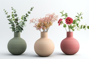Vases with flowers on a white background