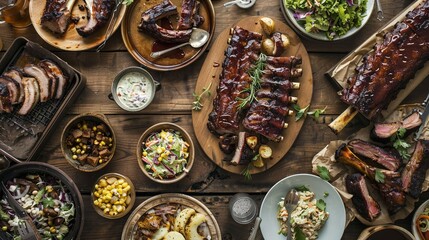 A bustling scene of a group gathered around a rustic wooden table overflowing with a delicious BBQ spread Platters of ribs pulled pork and grilled corn sit alongside bowls of potato salad