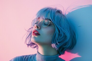 Portrait of a beautiful girl with blue hair and glasses on a pink background