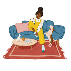 Girl playing with her dog in a living room sticker - 768514763