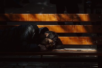 Homeless  shadowed and resting on a wooden bench, portraying the harsh realities of life in a thought-provoking manner