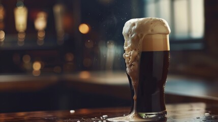 A photo of a pint of Guinness overflowing with a creamy head, a classic Irish drink - obrazy, fototapety, plakaty