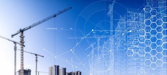 Construction technology banner background. Construction site with cranes, fittings and concrete.