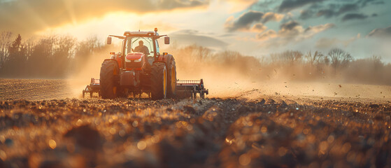 A farmer driving a tractor prepares the field for seeding in early spring. The sunny day provides optimal conditions for agricultural labor. - obrazy, fototapety, plakaty