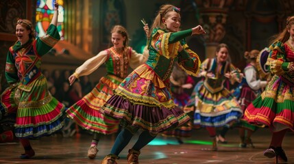 A photo of a traditional Irish dance performance with colorful costumes and energetic steps - obrazy, fototapety, plakaty