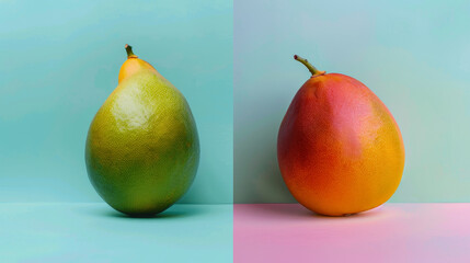 Two mangos on a blue-to-pink gradient background, side view.