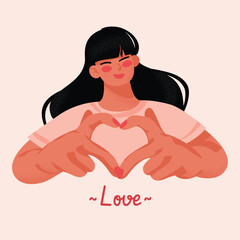 Vector illustration happy woman with heart shaped hands