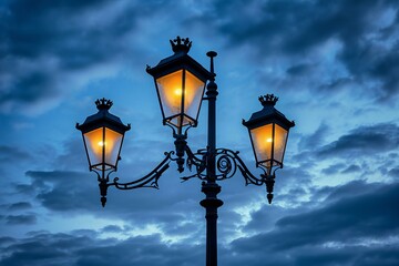 Lantern in the city at night with cloudy sky background