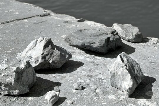 Stone on the shore of the lake, black and white photo