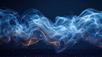 Blue and orange flowing smoke with glowing particles on a dark blue background.
