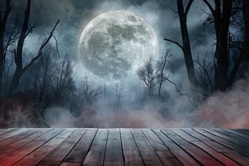 Full moon over a foggy forest with wooden floor,  Halloween background