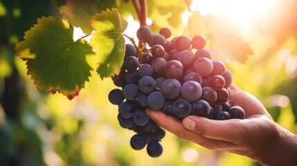 Hand Harvesting Lush Bunches of Grapes in Vineyard at Sunset, Winemaking Tradition, Sunlit...