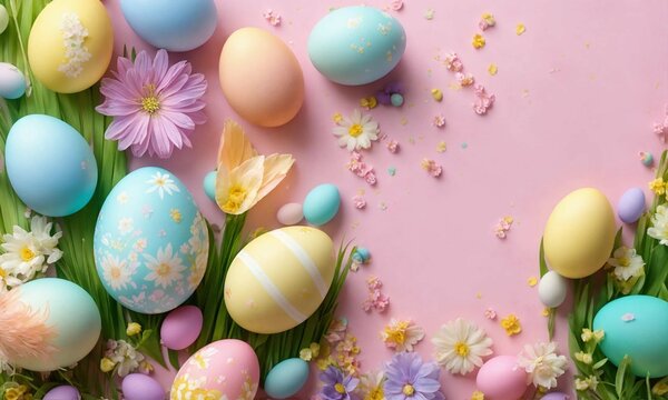 pink pastel background, with yellow and blue eggs, flowers, Easter on the edge