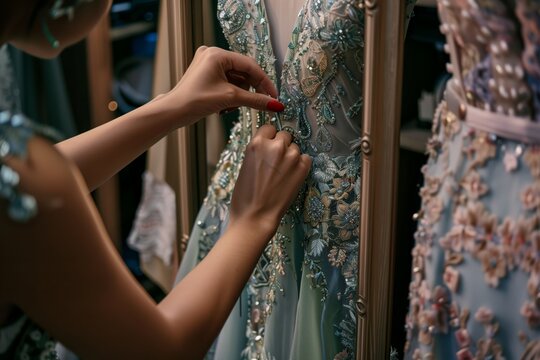 individual checking fit of a dress with a mirror