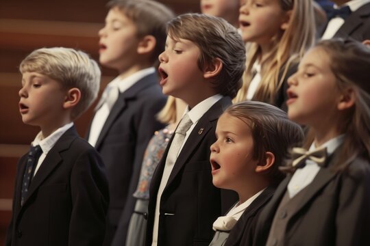 children in suits and dresses singing at a formal event
