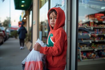 kid wearing dino hoodie, clutching bags outside a toy store
