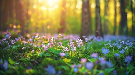 Vibrant spring flowers bloom on a sun-drenched forest floor, heralding the new season. - obrazy, fototapety, plakaty