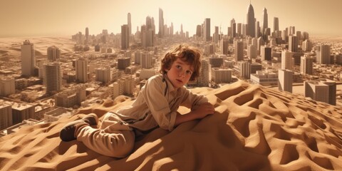 A small child plays on sand dunes with a backdrop of a modern Arabic city landscape, where tradition meets innovation in a harmonious blend. - obrazy, fototapety, plakaty