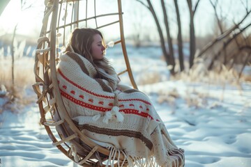 woman in a hanging chair wrapped in a blanket on a brisk spring morning - obrazy, fototapety, plakaty