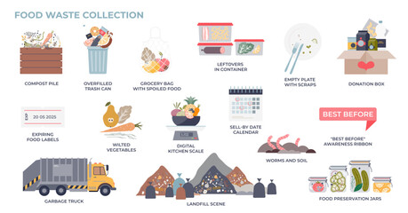 Food waste and sustainable garbage or trash management tiny collection set, transparent background. Labeled elements with landfill scene, compost pile.
