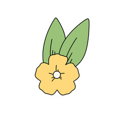 A yellow flower with green leaves. The flower is drawn in a cartoon style
