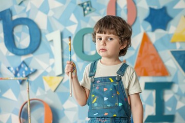 kid in overalls holding a paintbrush, wall with shapes and numbers behind