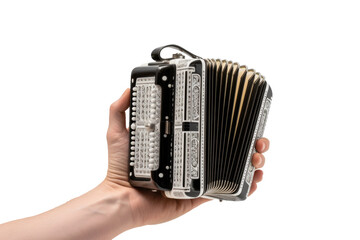 A person standing while holding an accordion in their hand. The individual appears to be preparing to play the musical instrument. Isolated on a Transparent Background PNG. - obrazy, fototapety, plakaty