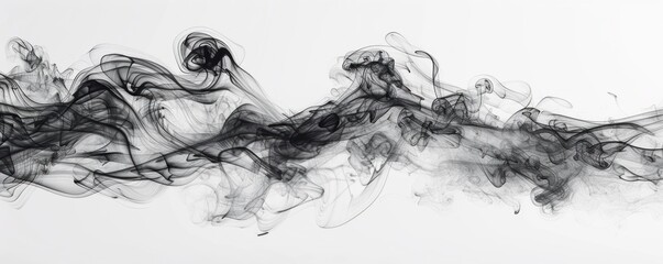 Abstract Black Smoke Swirls on White Background, Creating Mysterious Atmosphere