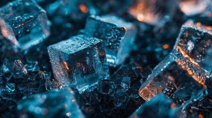 Icy blue cubes sparkling on a dark background, invoking a feeling of coldness and refreshment.