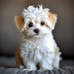 Cute Maltese puppy sitting on the bed,  Close up