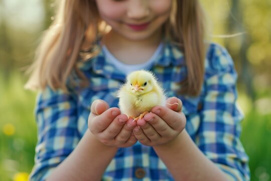 girl holding a fluffy yellow chick in her palms