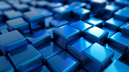 Blue, Glossy Cubes Precisely Constructed to create a Innovative Tech Background. 3D Render., Generative Ai - obrazy, fototapety, plakaty