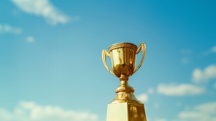 A gold trophy cup showcased against a bright blue sky with fluffy clouds. - obrazy, fototapety, plakaty