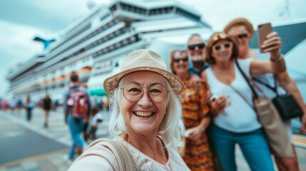 A joyful senior woman with glasses taking a selfie with friends on a cruise ship deck.