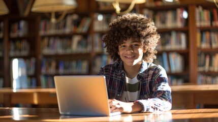 Cheerful young boy using laptop in sunlit library surrounded by bookshelves.