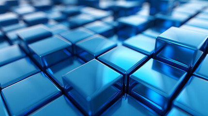 Blue, Glossy Cubes Precisely Constructed to create a Innovative Tech Background. 3D Render., Generative Ai - obrazy, fototapety, plakaty