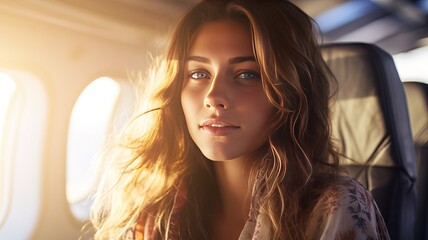 A young modern cute woman in the passenger seat looks out the windows of the airplane. girl...