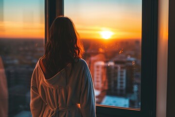 woman in bathrobe looking at sunrise from penthouse window