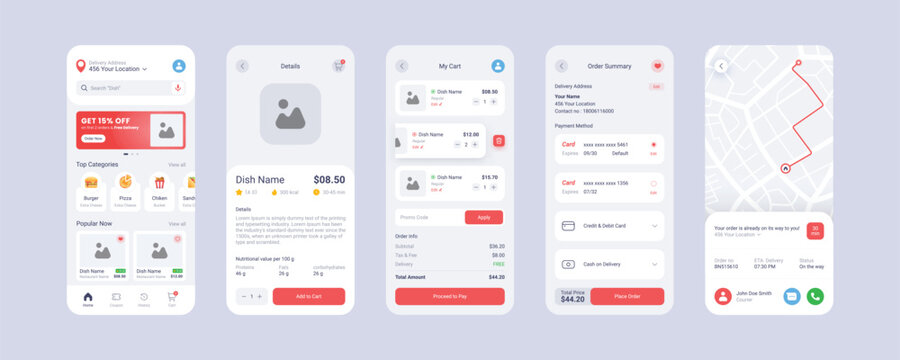 Food app mobile screens template is fully editable and vector (Light Mode)