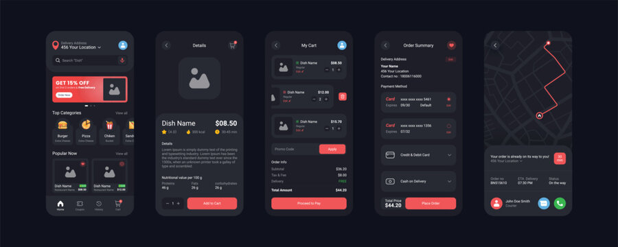 Food app mobile screens template is fully editable and vector (Dark Mode)