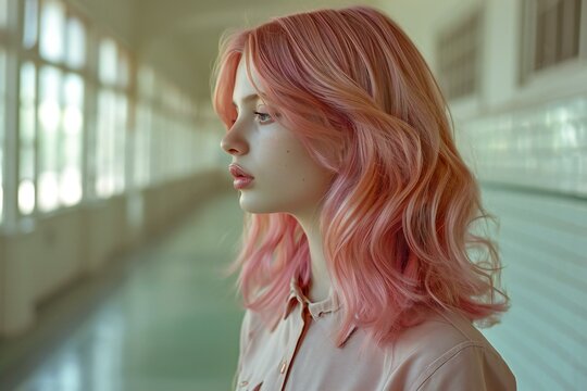 Portrait of a beautiful girl with pink hair in the corridor of the building