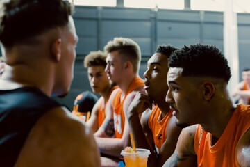 basketball players reviewing strategy on sideline with sport drinks - obrazy, fototapety, plakaty
