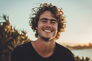 Portrait of handsome young man with curly hair smiling at camera outdoors - obrazy, fototapety, plakaty