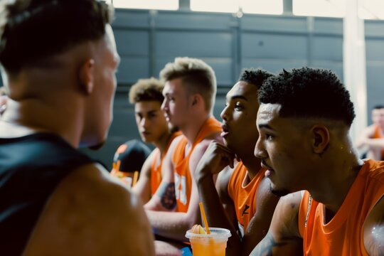 basketball players reviewing strategy on sideline with sport drinks - Powered by Adobe